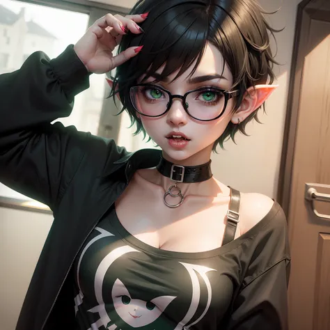 "Cute anime vampire girl with a black pixie cut, black eyes, circle glasses, elf ears, fangs, wearing a black choker, a white print t-shirt, and a green flannel, inspired by homestuck."