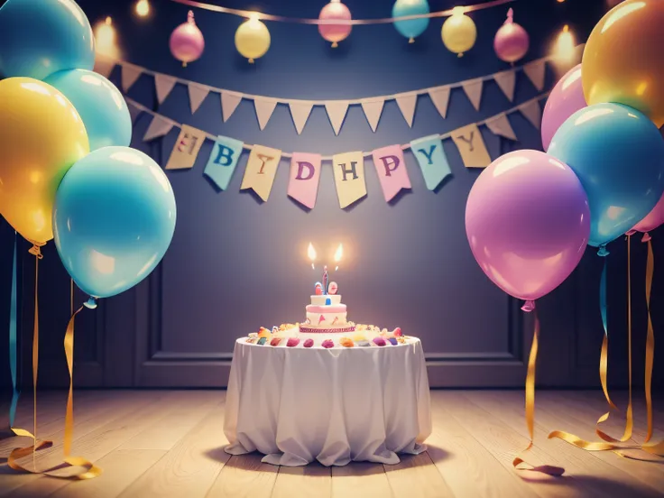 birthday、Party Venue、no humans、Colorful balloons、photos realistic。