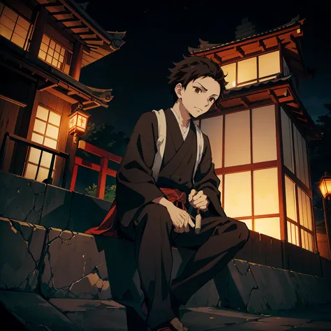 the anime, (best quality), ((1guy)), sitting on the steps of the temple, (night landscape in a japanese temple), ((ultra-short b...