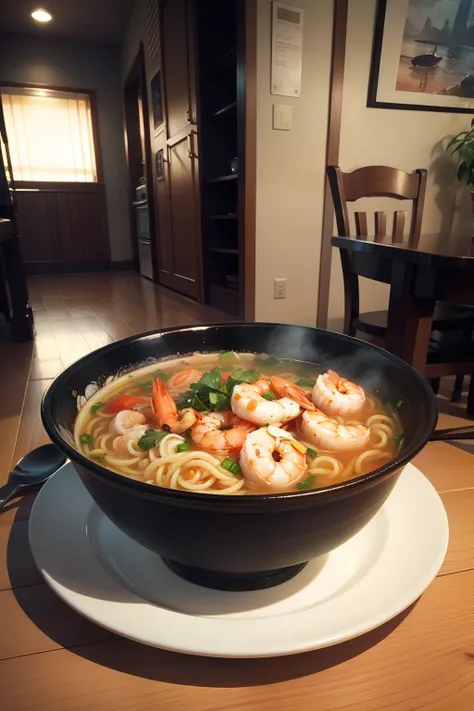 Seafood noodles, shrimp, soup, large bowl, indoors