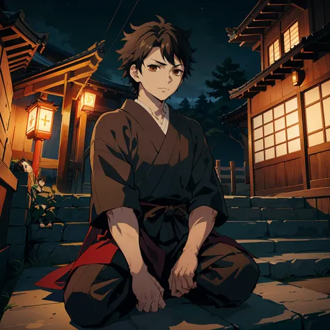 the anime, (best quality), ((1guy)), sitting on the steps of the temple, (night landscape in a japanese temple), ((ultra-short b...