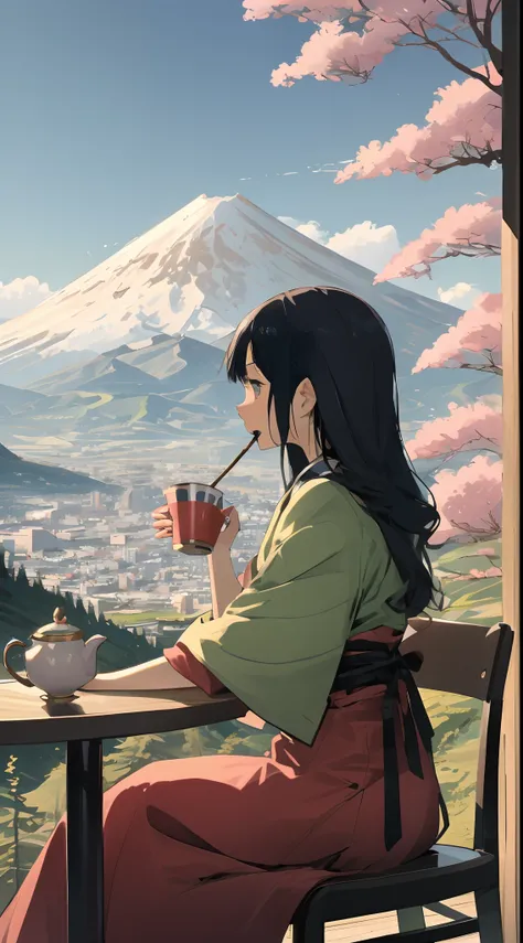 (Best quality),(Masterpiece),(Ultra detailed),(high detal),(Extremely detailed) Anime landscape, (Ultra detailed) Surreal scenarios, Characteristic mountains. Fuji, Vivid colors and dynamic elements, Reminiscent of Hokusais work.A young woman，Sit at the ta...