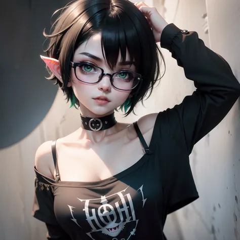 Cute anime vampire girl with a black pixie cut, black eyes, circle glasses, elf ears, fangs, wearing a black choker, a white print t-shirt, and a green flannel, posing for a picture, cute expression, 8k, high resolution