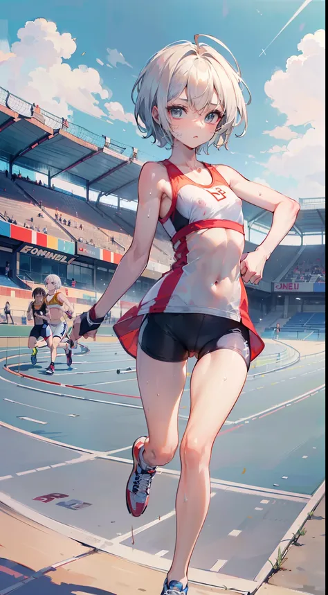 (masterpiece, 4k ,ultra detailed:1.2),(beautiful face:1.2),(anime:1.2),illustration,(solo:1.2),(looking at viewer:1.4),(supermodel:1.3),(track and field athlete:1.4),(track and field uniform:1.4),(bike shorts:1.4),(running:1.5),(sweaty skin:1.3),(white hai...