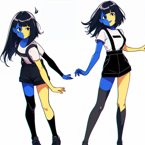 ena (joel g), split color body (blue on right, yellow on left), white t-shirt, black skirt with overall straps, 1girl, black soc...