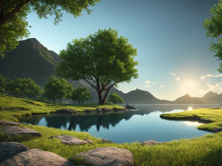 A peaceful place, very pleasant, aesthetic, calm, scenic. photorealistic, 8k uhd, studio quality, ultra realistic, max detail, massive scale, post-processing, realistic, photorealism, photoshop, photography, detailed, cinematic lighting, landscape, panoram...