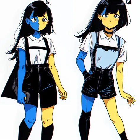 ena (joel g), split color body (blue on right, yellow on left), white t-shirt, black skirt with overall straps, 1girl, black soc...