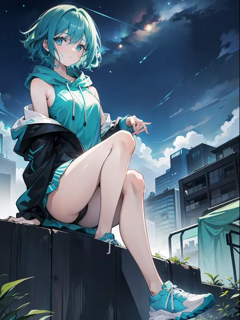 Blue-green gradient hair color beautiful girl，shoulder-length short hair，curlies，Blue pupil，face expressionless，Dark brown hooded sweatshirt，Bare legged，Black canvas shoes，Stand under the stars at night