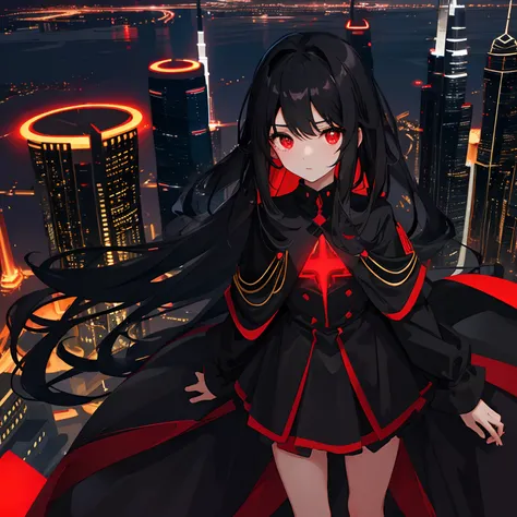 a loli with long black hair, red glowing eyes, petite body, black suit, standing on ledge overlooking city skyline at night, Burj Khalifa