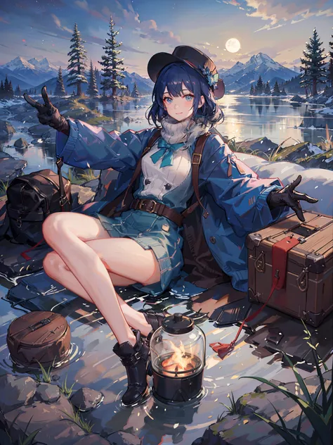 1 woman((upper body selfie, happy)), masterpiece, best quality, ultra-detailed, solo, outdoors, (night), mountains, nature, (stars, moon) cheerful, happy, backpack, sleeping bag, camping stove, water bottle, mountain boots, gloves, sweater, hat, flashlight...