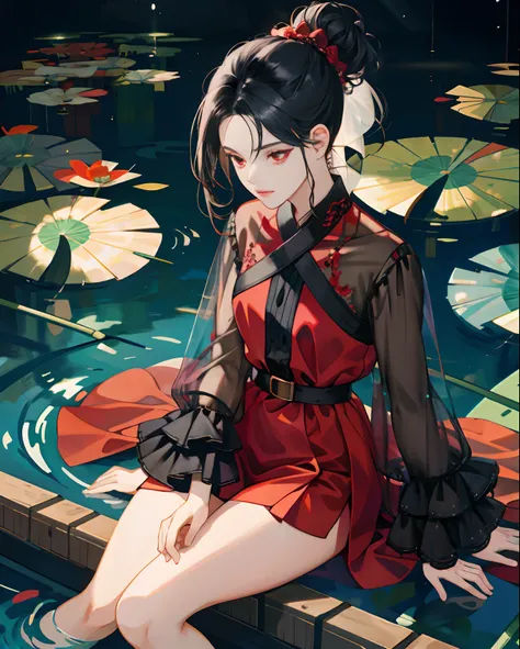 Superb masterpiece, 1girl，Hair up, Fair skin, Girls pajamas, Black hair, Girl, Red eyes, Thigh clothing, coalescence, Super clear, face retouch, Pond background, Look at the audience shyly