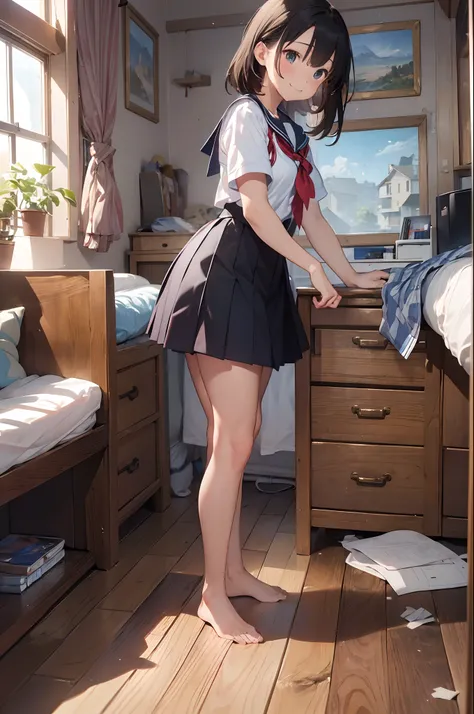 (8K, Raw photography, top-quality, ​masterpiece:1.2), 1girl in, 3 d, a blond、A dark-haired、(Changing clothes)、seminude、Short sleeve sailor suit、Asian, No bangs、Rooms in the house、(Uniform opened and blown away)、Half-taken skirt、A smile、