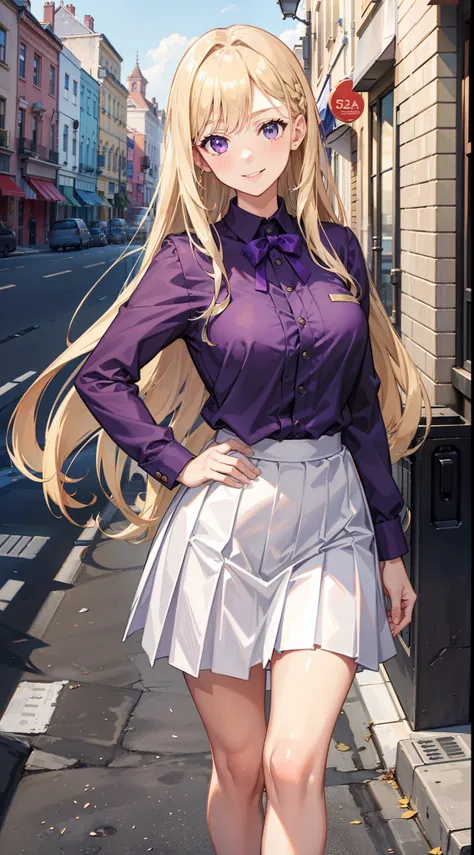 masterpiece, best quality, highres, blonde woman, long hair, adult, medium breasts, standing, smile, office uniform, purple shirt,open lilac jacket, pleated skirt, white skirt, outdoors, street.