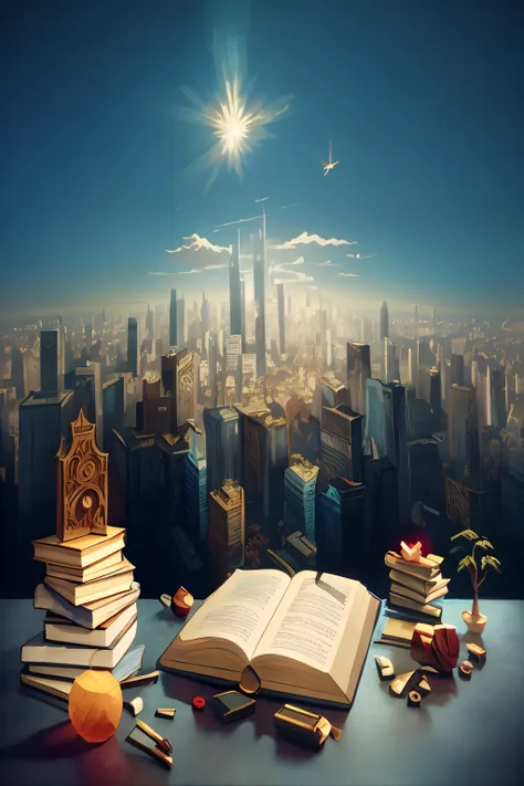 there was a book and a pencil on the table，the background is a city, surreal cityscape background, detailed book illustration, 3...