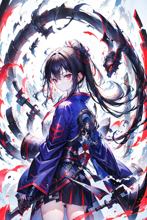 with long black hair，Red-eyed teenage boy，Stand on an empty street at night，extreme hight detail，Blue jacket，Black Hakama，Holding a giant blood-colored scythe in one hand，Crescent