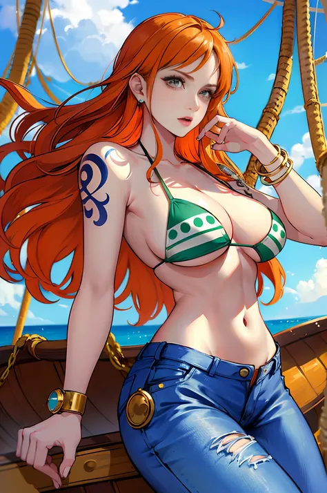 (((masterpiece+best quality+high resolution+ultra-detailed))), 1girl with clima-tact, Nami, long silky orange hair, high nose, sharp eyes, noble and inviolable temperament, (([female]: 1.2 + [beauty]: 1.2 + orange long hair: 1.2)), pirate ship background, ...