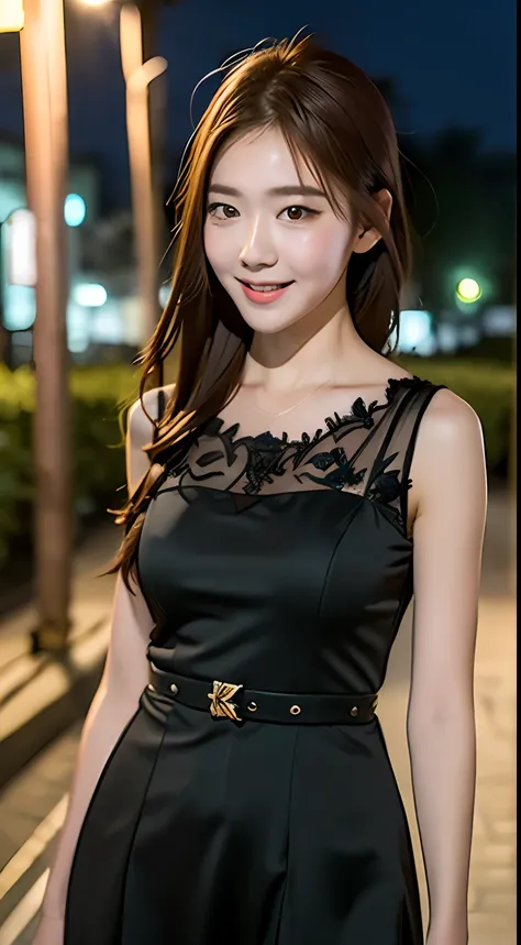 ((Best quality, 8k, Masterpiece :1.3)), 1girl, smiling, full body, slim face, Pretty woman, (Dark brown hair), full length dress :1.1, Ultra-detailed face, Detailed eyes, Double eyelid, blur background, slim face, city, outside, street,