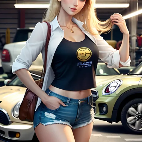 CASUAL SEXY GOLDE BLONDE WITH microSHORTS AND mINI SHIRT with great legs great sexy body AT car garage with mechanics GARAGE MODERN CINEMATIC PHOTOREALISTIC