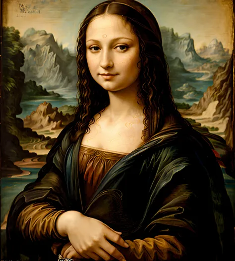 retrato de uma linda mulher, Image of a painting of a woman with one hand on her chest, pele real, detalhe pele real, poros da pele, cabelo real, A Mona Lisa, Mona Lisa fotografia, Mona Lisa como uma pessoa real, Retrato da Mona Lisa, Estilo Mona Lisa, ((A...