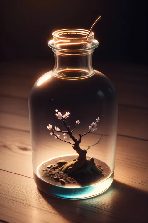 Cherry blossom tree in a bottle，Grows out of the bottle，nipple sticking out，fluffly，realisticlying，Atmospheric light refraction，Photo by Lee Jeffries，Nikon D850 Film Stock Photo 4 Kodak Portra 400 Camera F1.6 shots，rich colours，hyper realistic lifelike tex...