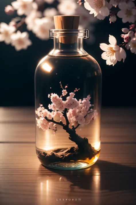 Cherry blossom tree in a bottle，Grows out of the bottle，nipple sticking out，fluffly，realisticlying，Atmospheric light refraction，Photo by Lee Jeffries，Nikon D850 Film Stock Photo 4 Kodak Portra 400 Camera F1.6 shots，rich colours，hyper realistic lifelike tex...