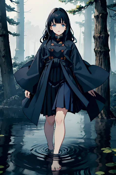 Kimetsu no Yaiba style, 1girl, Medium curly hair,  Sloppy hair, navy blue hair, Two curly strands in front, Bangs, blue eyes,  japanese clothes, ((Open black coat)), ((white hem at the waist)), ((knee-length skirt)), 独奏,  ((Masterpiece)), (((hiquality))), ...