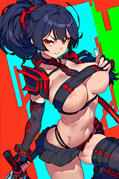 Anime girl with sword and red and green background, an oppai cyberpunk, Biomechanical OPPAI, style of anime4 K, seductive anime girls, Best anime 4k konachan wallpaper, thicc, style of masamune shirow, Inspired by Masamune Shirow, cyberpunk anime girl mech...