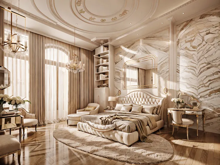 super realistic, super detailed bedroom.
luxury neoclassical style bedroom.
there is a large bed, a dressing table, a wardrobe, ...