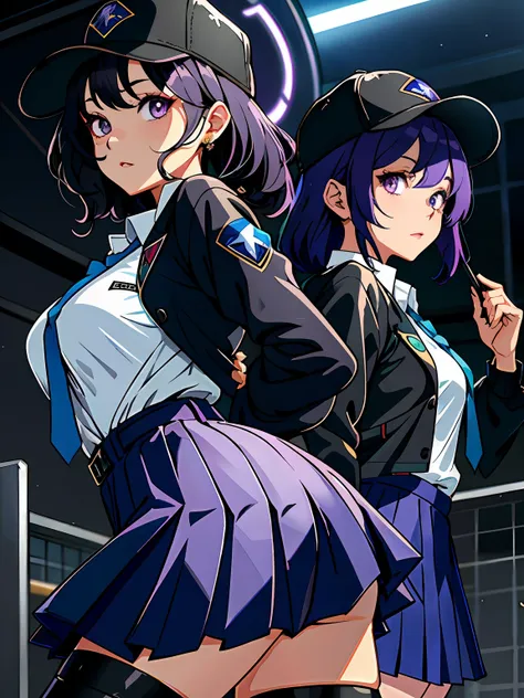 Perfect anime illustration, 1girll, Black hair, Curly hair, matching hairstyle, blackigeyes, inquisitive，curiosity，Pleasure, ((matching outfits, Light purple transparent student uniform shirt，Uniform skirt，Dark blue detective style coat，Leather booties)), ...