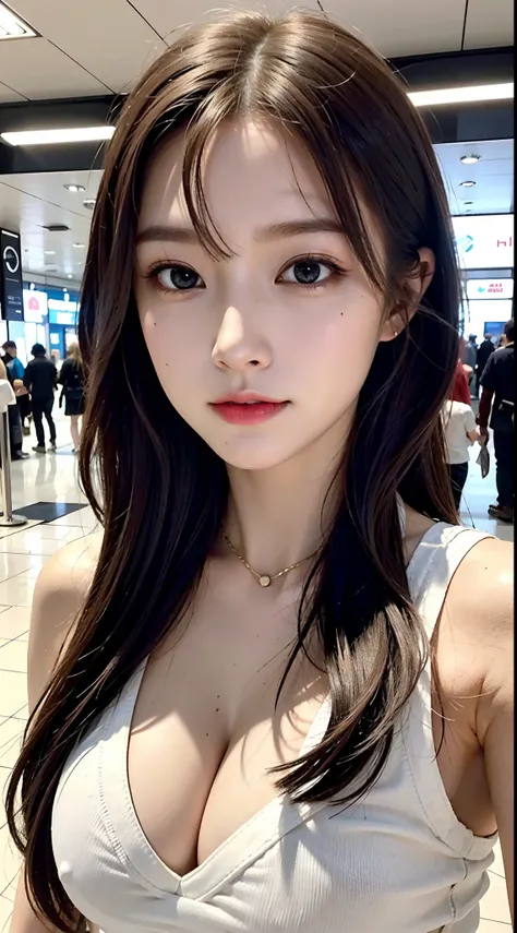 （realisticlying， high resolucion;：1.3）， 1 girl with a perfect body， super fine face and eyes，Long Whitr hair， Tank tops in random colors：1.2, tits huge，Cleavage exposure，（Eurasian jay：1.5）， Close-up cleavage， tmasterpiece， best qualtiy， Raw-Photo， realisti...