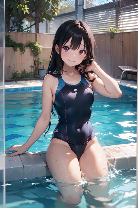 (8K, Raw photography, top-quality, ​masterpiece:1.2), 1girl in, 3 d,A dark-haired、The long-haired、Emphasize your chest with both arms、Slouched、Swimming School Swimsuit、Smaller buttocks、Asian,  school poolside、A smile、Turned、