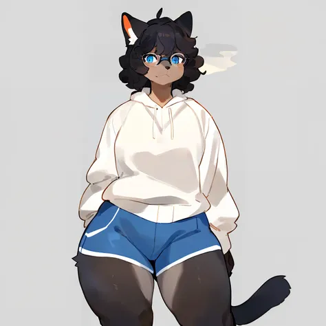 by bebebebebe, by goonie-san, by bigcozyorca, by buta99, solo, female, standing, feline, (((detailed eyes, glasses))), thick thighs, medium hair, ((snout)), tail, smoky colored fur, grey fur, dark fur, black hair, ((wavy hair, short hair, swept fringe)), b...