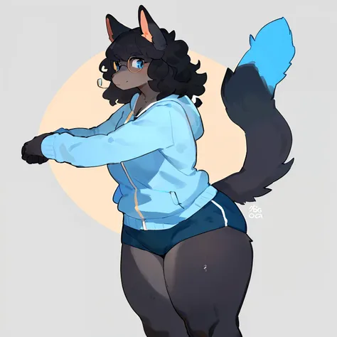 by bebebebebe, by goonie-san, by bigcozyorca, by buta99, solo, female, standing, feline, (((detailed eyes, glasses))), thick thighs, medium hair, ((snout)), tail, smoky colored fur, grey fur, dark fur, black hair, ((wavy hair, short hair, swept fringe)), b...