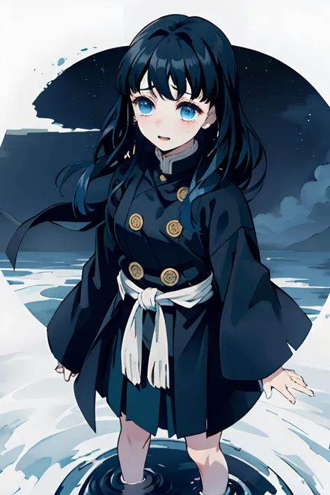 Kimetsu no Yaiba style, 1girl, Medium curly hair,  Sloppy hair, navy blue hair, Two curly strands in front, Bangs, blue eyes,  japanese clothes, ((Open black coat)), ((white hem at the waist)), 独奏,  ((portraite of a)), ((Masterpiece)), (((hiquality))), sta...