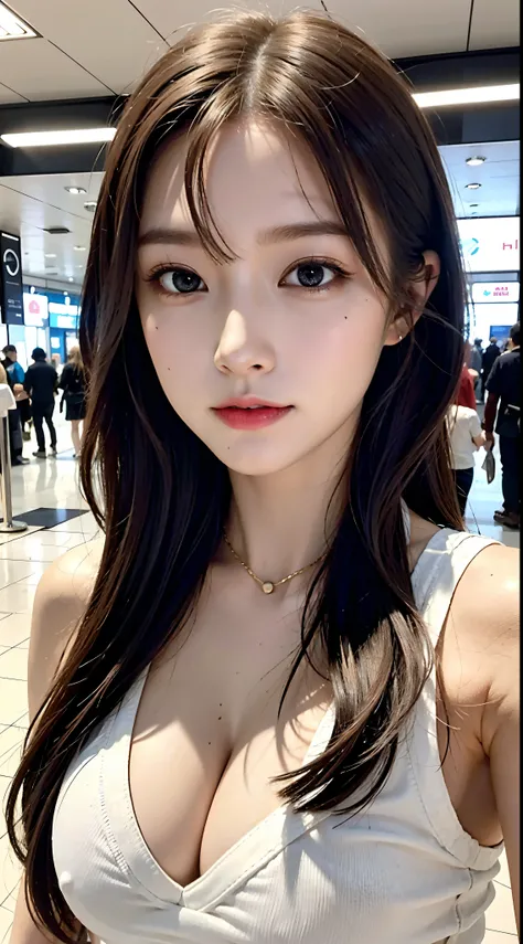 （realisticlying， high resolucion;：1.3）， 1 girl with a perfect body， super fine face and eyes，Long Whitr hair， Tank tops in random colors：1.2, tits huge，Cleavage exposure，（Eurasian jay：1.5）， Close-up cleavage， tmasterpiece， best qualtiy， Raw-Photo， realisti...