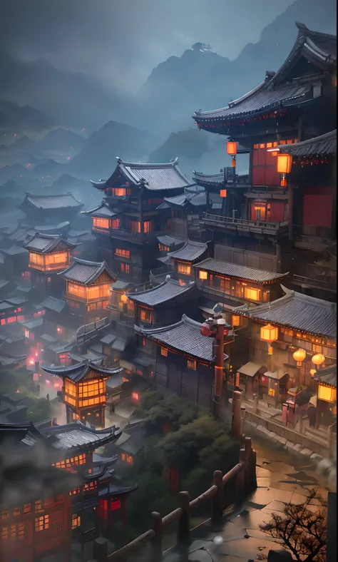 arafed view of a village with a lot of lights on the buildings, dreamy chinese town, chinese village, amazing wallpaper, japanese town, japanese village, hyper realistic photo of a town, old asian village, japanese city, by Raymond Han, rainy evening, cybe...