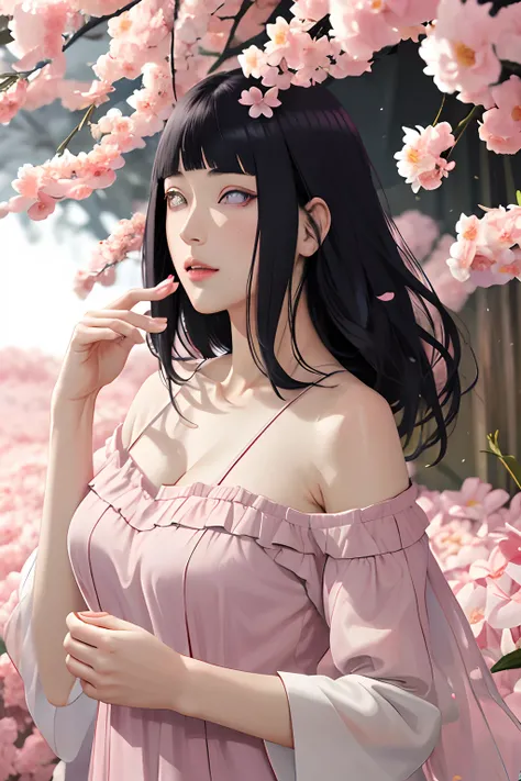 masterpiece, absurdres, hinata hyuga, 1girl, solo,mature female, off shoulder floral mini dress, looking at viewer, (falling petals), perfect composition, detailed lips, beautiful face, body propotion, blush, (pink lips), long hair, purple eyes, soft gaze,...