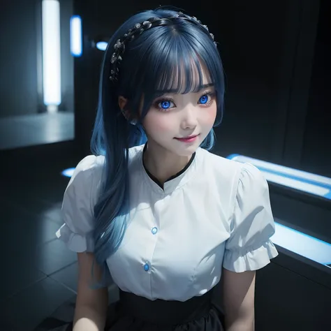 ((​masterpiece))、(top-quality)、(detaileds)、(1girl in)、blue hairs、Blue glowing eyes、Upstyle、white  shirt、a black skirt、Looking up at the viewer、full bodyesbian、a smile