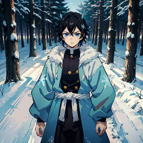 the anime, (best quality), 1guy, stands still, (wide body), (snow-covered forest with sunset), ((messy black hair)), (ultra shor...