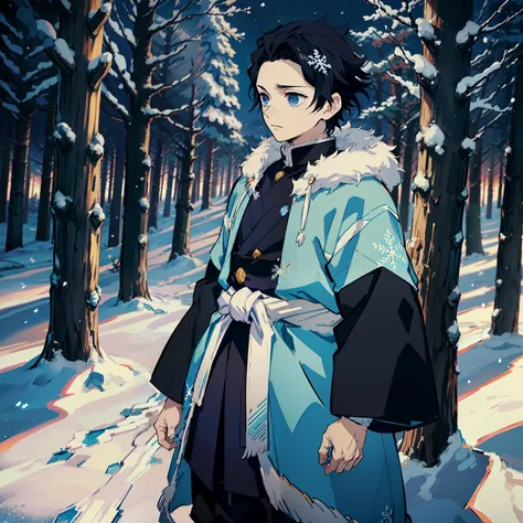 the anime, (best quality), 1guy, stands still, (broad-shouldered), (snow-covered forest with sunset), messy black hair (short), ...