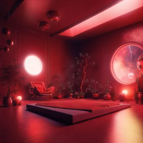 retrofuturism interior design,
moody crimson color scheme
, 
 
Meditation room - A peaceful and serene room designed for quiet reflection and meditation. The room features soft lighting, a comfortable cushion, and a calming color scheme. The space is free ...