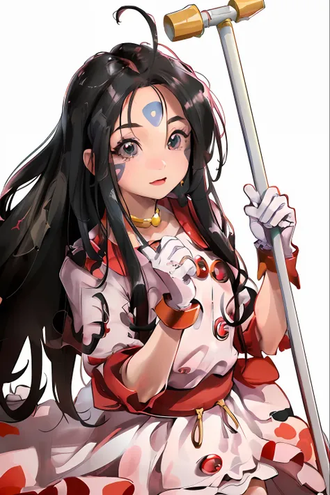 (8k,  masterpiece, best quality, official art),
1girl, solo,
kawaii, cute, very big eyes, Aesthetic Anime Eyes, small face,
hmskuld, black hair, facial mark, forehead mark, ahoge, white gloves, jewelry, dress,
red hammer, white handle, holding hammer,