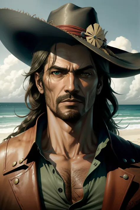 pintura de um homem na praia, olhos abertos, olhos verdes esmeralda, olhos detalhados Escuro, o realista Solomon Kane, as a solomon kane, portrait of a bloodborne hunter, Tim Bradstreet, Arte Sangrenta, oeste estranho, Jessé McCree, Directed by: Hiroyuki T...