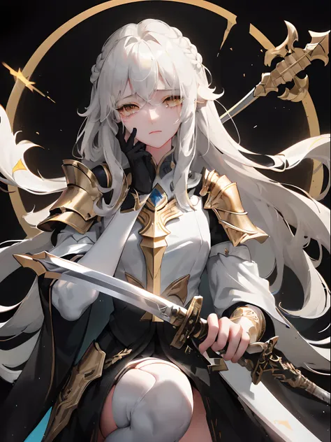 1woman, white long wavy hair, swept bangs, closed ((golden eyes)), tears rolling down eyes, ((calm closed eyed face)), ((sword’s blade placed on her shoulder like a knight’s oaf)), black armor, dark sky, pretty eyes, one knee to the ground