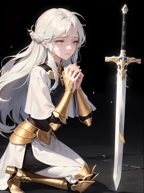 1woman, white long wavy hair, swept bangs, closed ((golden eyes)), tears rolling down eyes, ((calm closed eyed face)), ((holding sword close to face)), black armor, dark sky, pretty eyes, kneeling with one knee to the ground