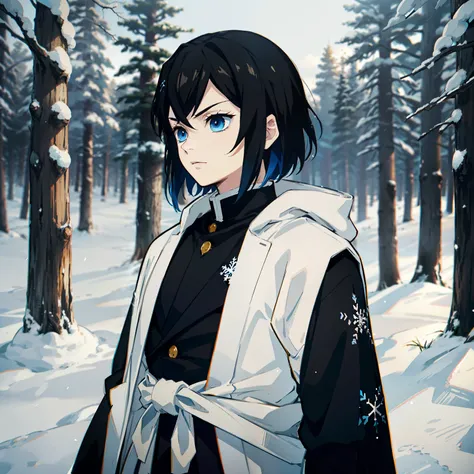 the anime, (Best Quality), ((1guy)) , The boy stands still (Young and young), (Snowy forest with sunrise), (((extremely short hair))), (((black hair))), (((Without bangs))), ((Impassive blue eyes)), japanese clothes, Open black coat ((Black with snowflake ...