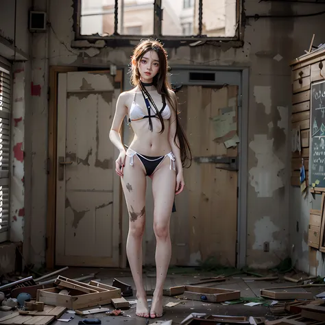 Abandoned school buildings，The light is dark，Dilapidated，Devastated，Sexy standing pose，(Full body portrait 1:1），Random white transparent bikini 0.5，18 years old girls，Slender and slender figure，Skinny，As thin as a whipping post，Smaller bust，The barefoot，Ra...