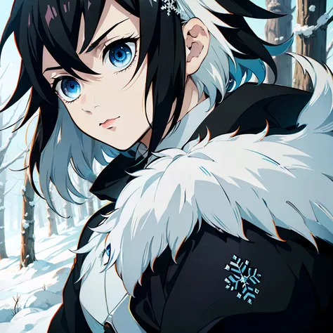 the anime, (Best Quality), ((1guy)) , The boy stands still (Young and young), (Snowy forest with sunrise), (((extremely short hair))), (((black hair))), (((Without bangs))), ((Impassive blue eyes)), japanese clothes, Open black coat ((Black with snowflake ...