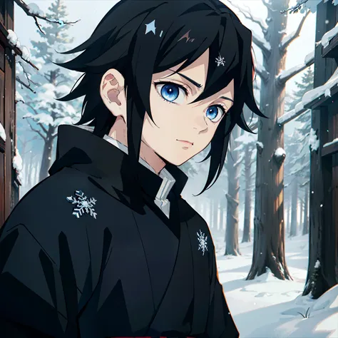 the anime, (Best Quality), ((1guy)) , The boy stands still (Young and young), (Snowy forest with sunrise), (((Very short black hair))), ((Impassive blue eyes)), japanese clothes, Open black coat ((Black with snowflake pattern)), ((hem at the waist)), The A...