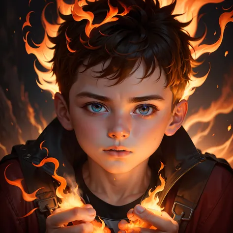 "a young boy showcasing his pyrokinetic abilities, engulfed in realistic and mesmerizing flames. Expect high-quality, 8k artwork that captures the essence of a masterpiece."